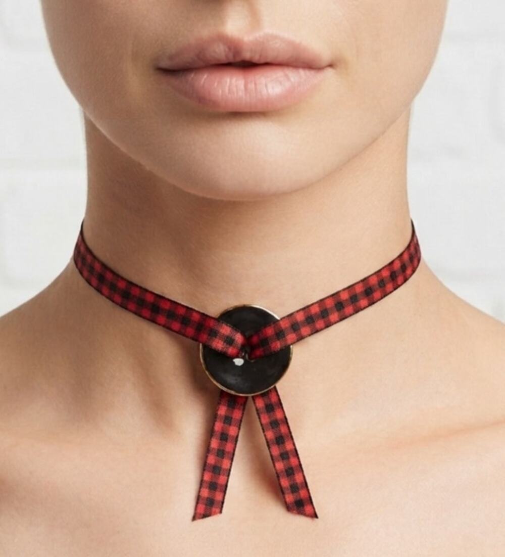 Handmade Red & Black Checkered Ribbon Choker with Enamel Painted Button Pendant